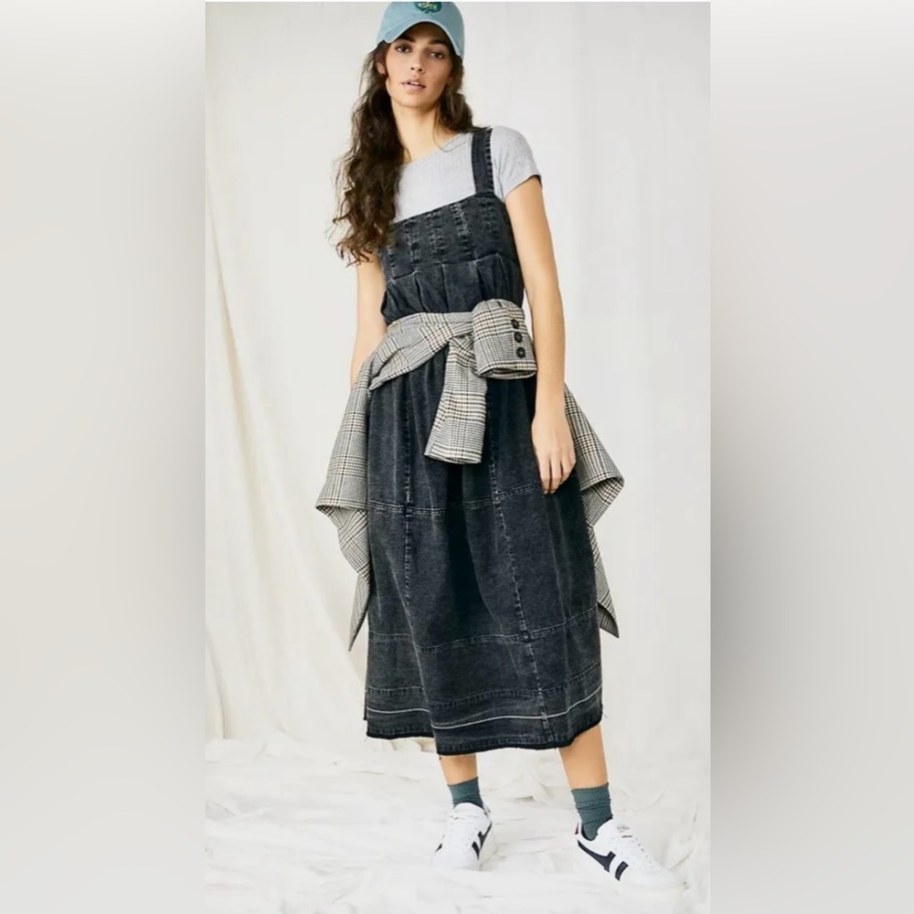 Free People Maxi Midi Denim Dress Jumper Pretty In Pleats Women's Size XL